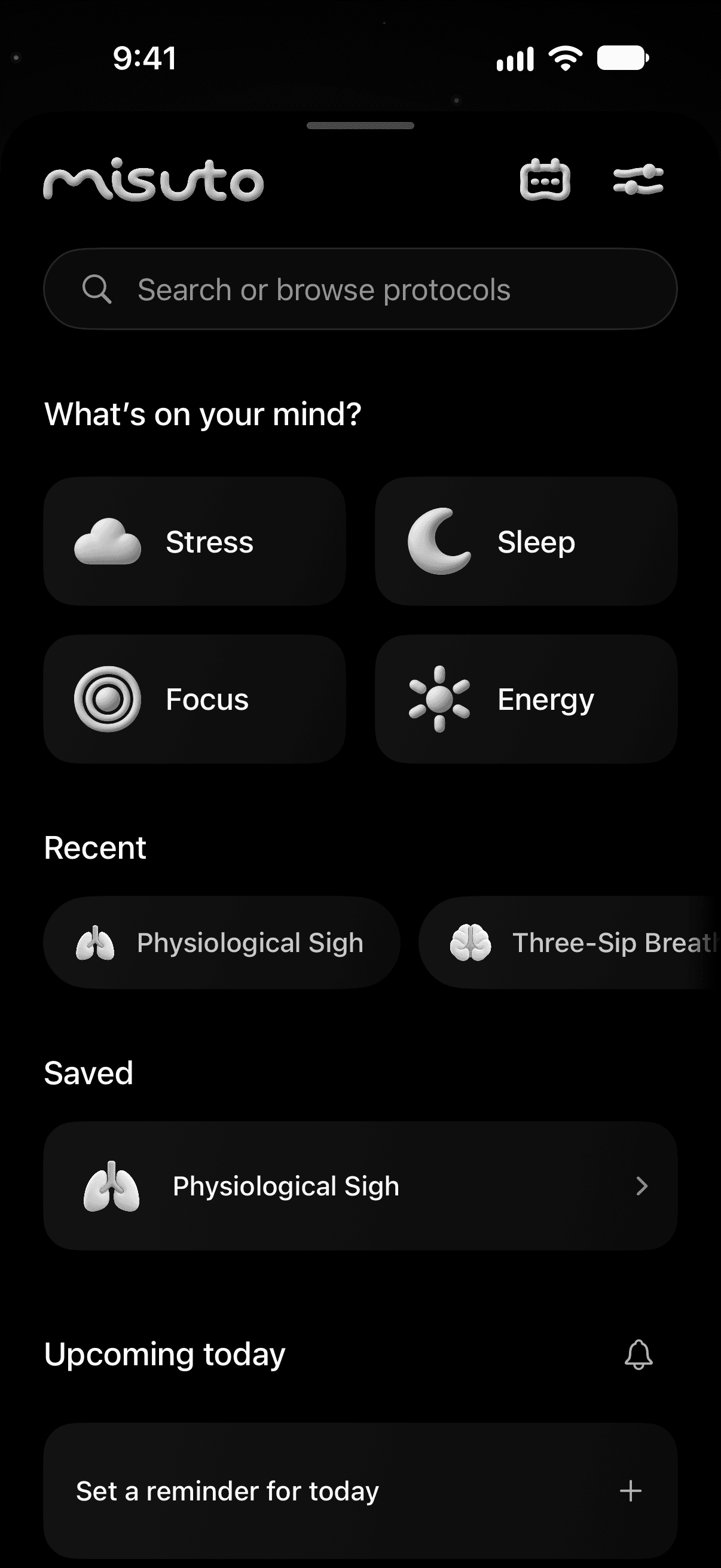 misuto Explore with Stress, Sleep, Focus, and Energy, recent and saved protocols, and reminders.