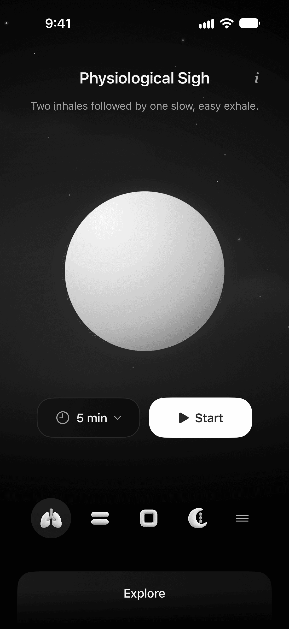 misuto home screen with Physiological Sigh, duration selection, and Start.