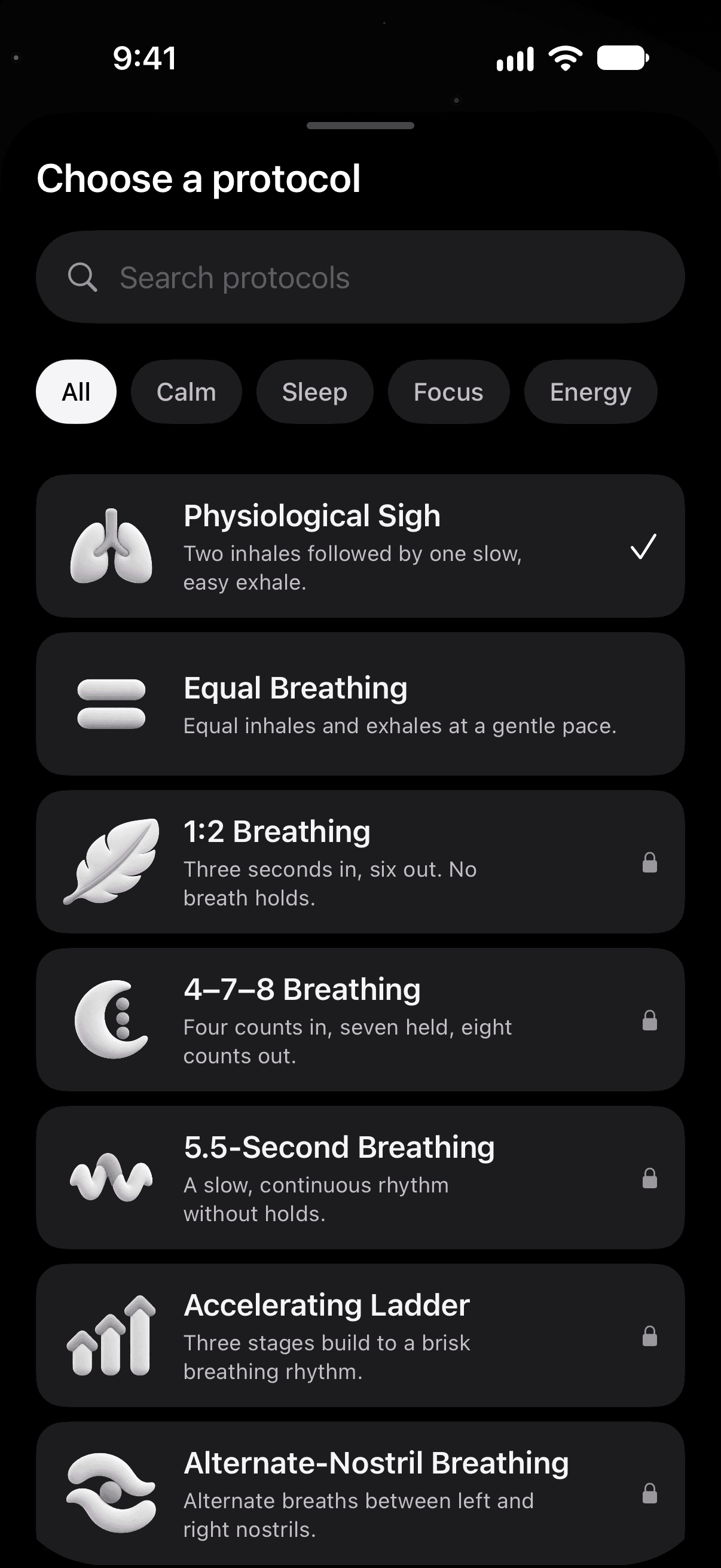 misuto protocol library with Physiological Sigh, Equal Breathing, and locks identifying Pro protocols.